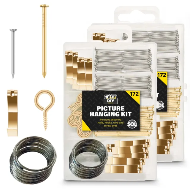 344pk Picture Hanging Kit Set Hooks Nails Wire Photo Frame Mirror Wall Art