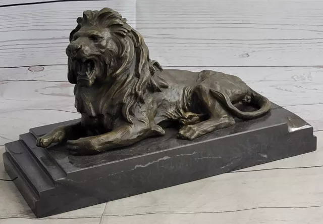 Angry Roaring Lion Signed Barye Hot Cast Bronze Marble Sculpture Figurine