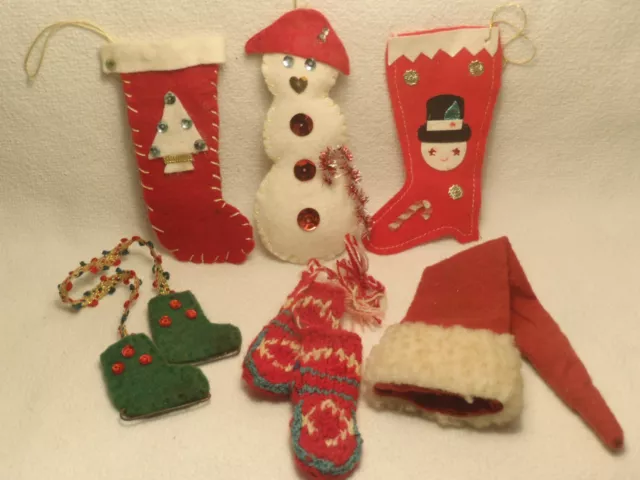 6 Vintage Felt Christmas Ornaments Stockings Snowman Mittens Skates Santa Hat