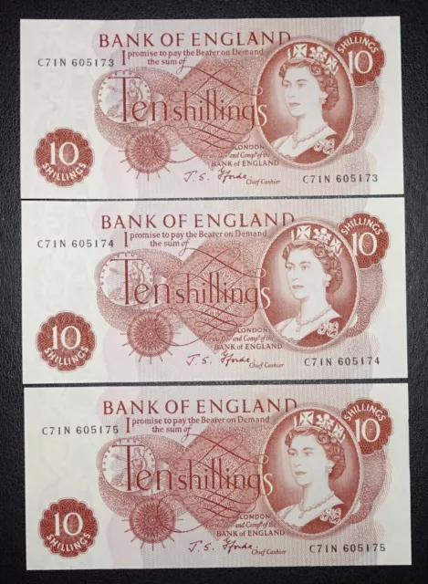 3x 10/- Shillings Bank of England Fforde * 1967 * -{ C71N }- B310 Consecutive