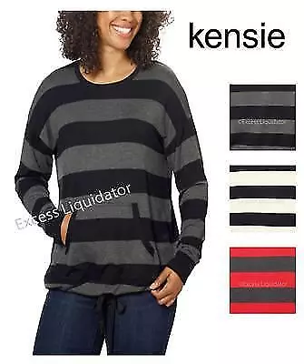 Kensie Womens French Terry Crew Pullover Striped Shirt