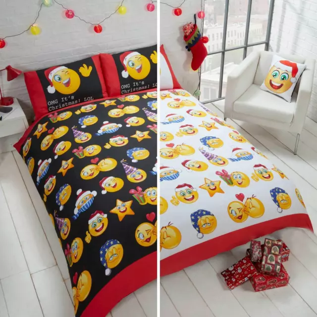 Christmas Duvet Covers Emoji Smiley Faces Reversible Easy Care Black Bedding Set