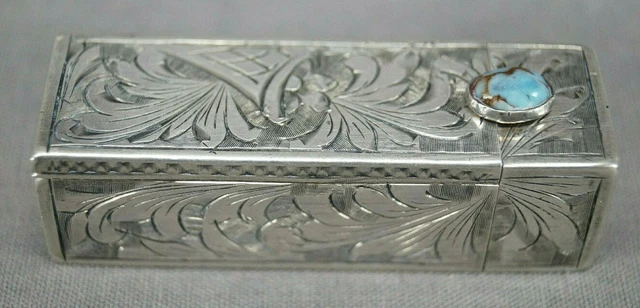 800 Silver European Art Nouveau Lipstick Case With Mirror & Turquoise Stone