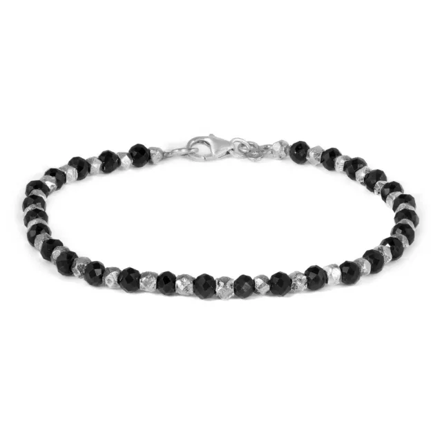 Véritable Noir Spinelle Avec 925 Argent Sterling Balle Perles Bracelet Bijoux