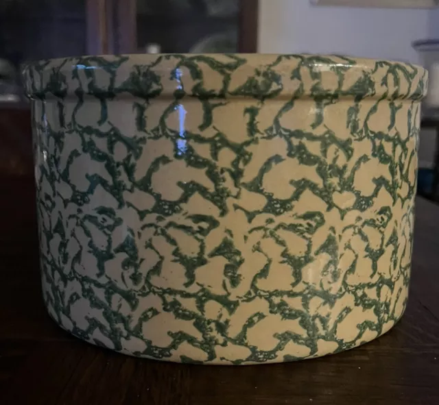 Vintage Robinson Ransbottom Pottery Green Sponge painted Crock Low Jar Roseville