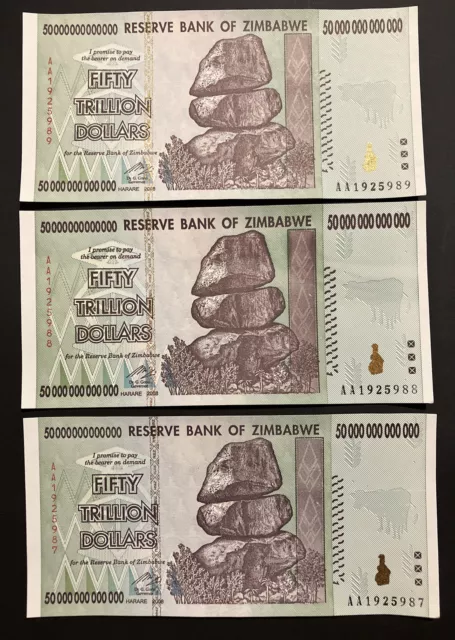 Lot of 3 x Zimbabwe Banknotes. 50 Trillion Dollars. Unc.