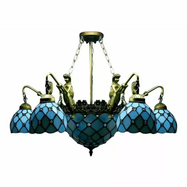 Tiffany Chandelier Mermaid Retro Pendant Lamp Blue Stained Glass Ceiling Light