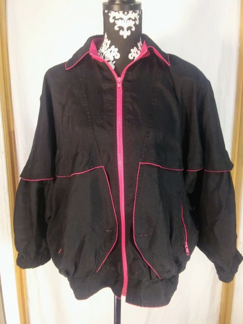1980s Portrait Black pink womens windbreaker Big sleeves Jacket medium