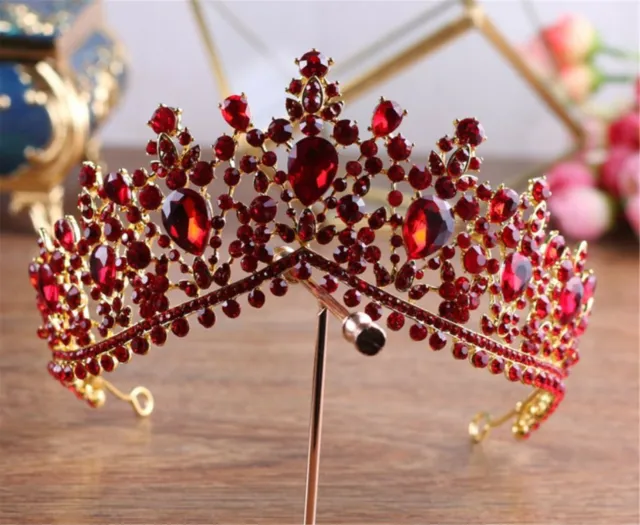 Women Gold Red crystal Rhinestone Wedding Bride Queen Party Hair Crown Tiara