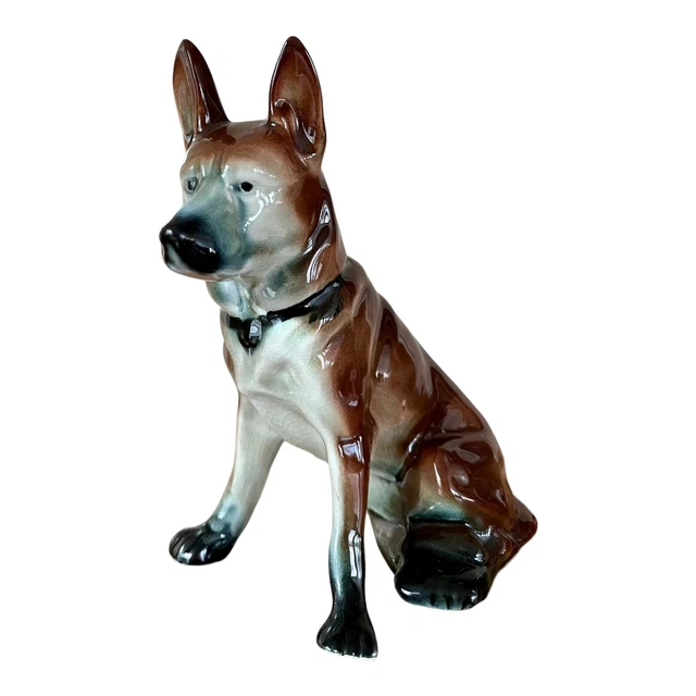 Vintage German Shepherd Dog Ceramic Figurine High Gloss 7.5” tall