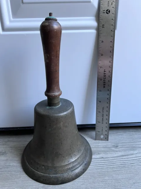 Large Vintage 10 3/4”  Brass Handheld School Bell with Wooden Handle