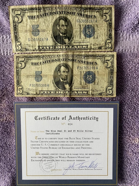 Lot of 6 Blue Seal Silver Certificates. 2 ea 1934 $5 Bills. 4 ea 1957 $1 bills