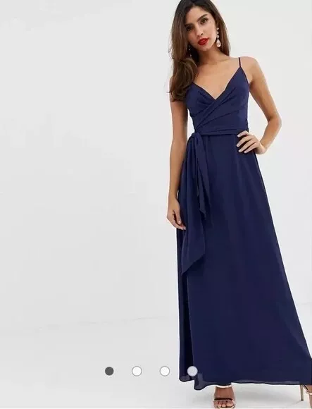 ASOS DESIGN navy blue cami wrap maxi dress with tie waist - Size 4 - Chiffon