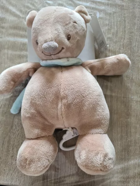 peluche doudou musical ours beige foulard bleu blanc étoile nattou  neuf