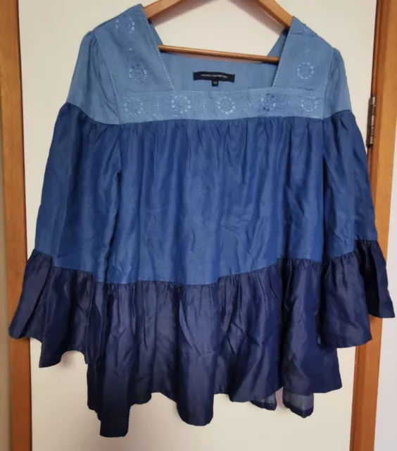 French Connection Sz 12 Chambray Ruffle Tiered Shirt Blouse Top Long Sleeve Boho