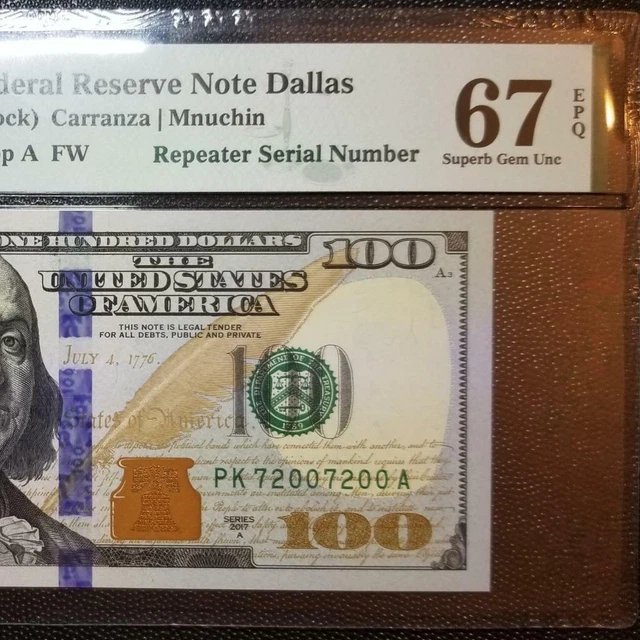 Fr.2189-K 2017A $100 DALLAS REPEATER 72007200 FRN PMG 67EPQ SUPERB GEM NEW UNC