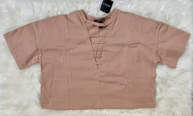 NWT FOREVER 21 Crew Neck Ladder V Neck Boxy Oversized Crop T Shirt Top Blouse L
