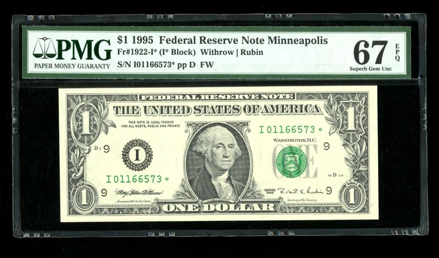 DBR 1995 $1 Minneapolis STAR Superb Gem Fr. 1922-I* PMG 67 EPQ Serial I01166573*