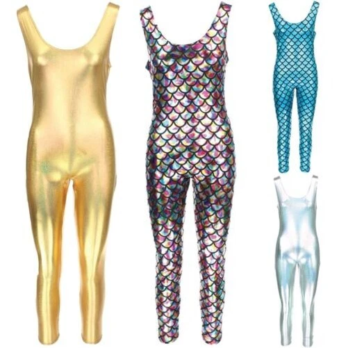 Tuta Intera senza Maniche Body Tuta Tutina Pantaloni Oro Argento Sirena Bilance