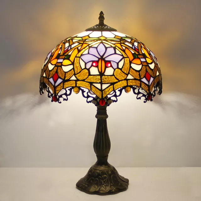 12" Table Lamp Tiffany Stained Glass Shade baroque flower Vintage Bedside Light