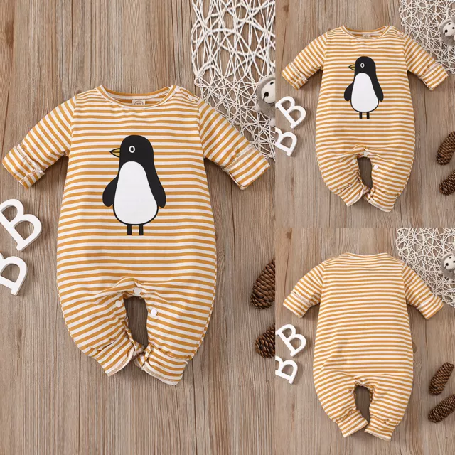 Newborn Baby Romper Girls Boys Striped Penguin Bodysuit Jumpsuit Outfits Clothes