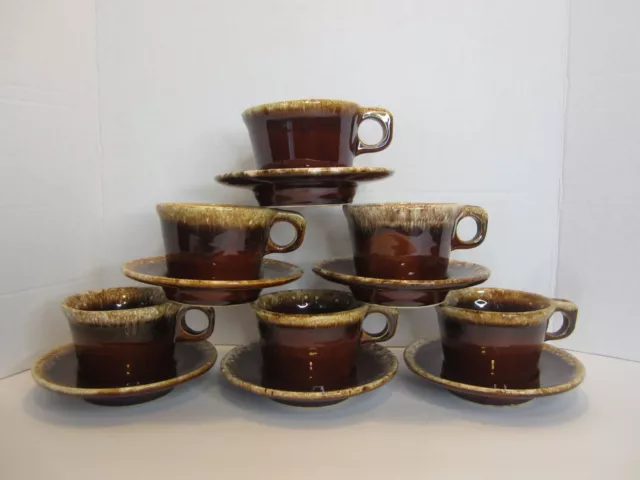 Set Of 6 Vintage Hull USA Crestone Ovenproof Cup And Saucer Sets Brown Drip 7oz