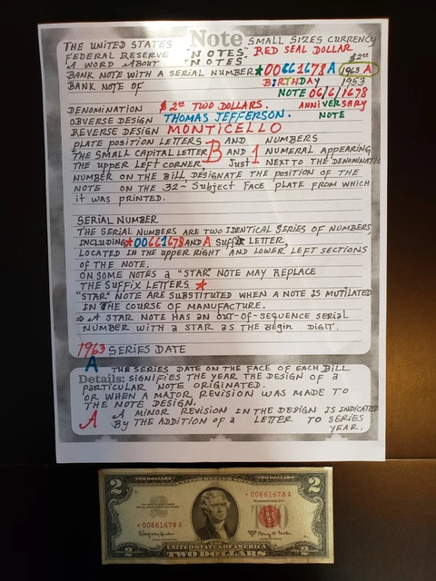 1963 A $2 DOLLARS w/*STAR & RED SEAL NOTES* A BIRTHDAY & ANNIVERSARY NOTES,...