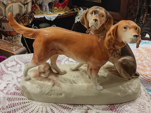 Very Large Royal Dux Bohemia Porcelain Figurine Pair of Hunting Dogs 42x27cm