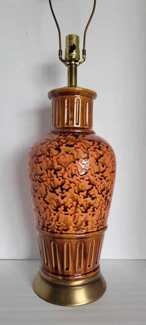 Vtg Mid Century Modern Carmel Brown & Salmon Drip Glaze Ceramic Table Lamp
