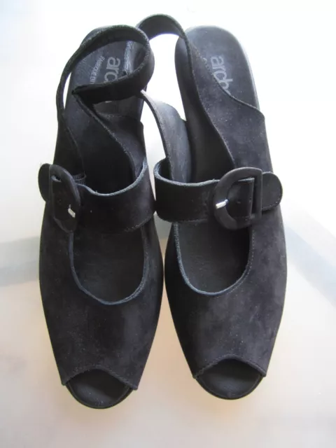 ARCHE FRANCE Black Nubuck Leather Open Toe Wedge Sandal Shoes Women's 39