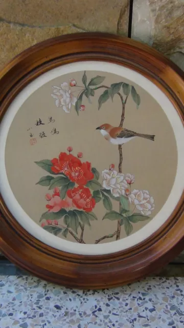 EARLY 20c CHINESE WATERCOLOR PAINTING ON SILK"BIRD PERCHED ON TREE"SEALED,SIGNED