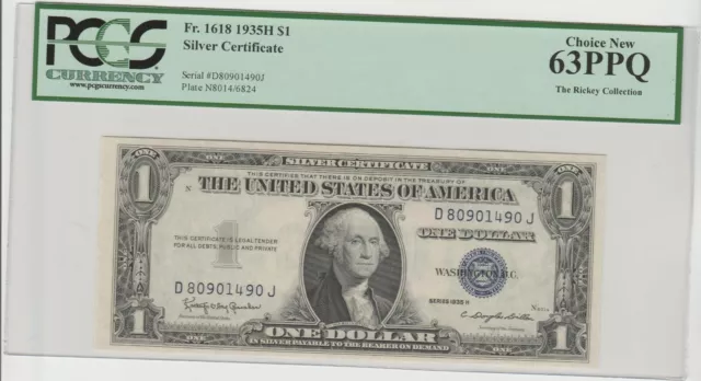 DBR $1 1935-H Silver Gem Fr. 1618 DJ Block Legacy 63 PPQ Serial D80901490J