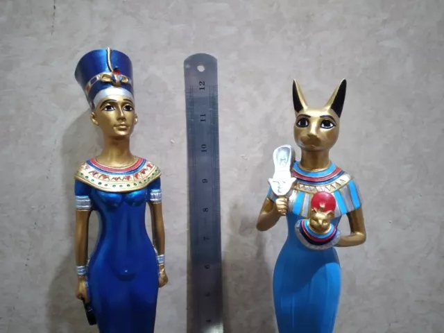 Set of 2 Egyptian Queen Nefertiti Statue-Goddess Bastet Cat Isis Blue Finish 12" 2