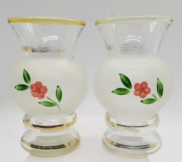 VTG Set of 2 Indiana Glass Bartlett Collins Frosted Glass Bud Vases Hand-Painted