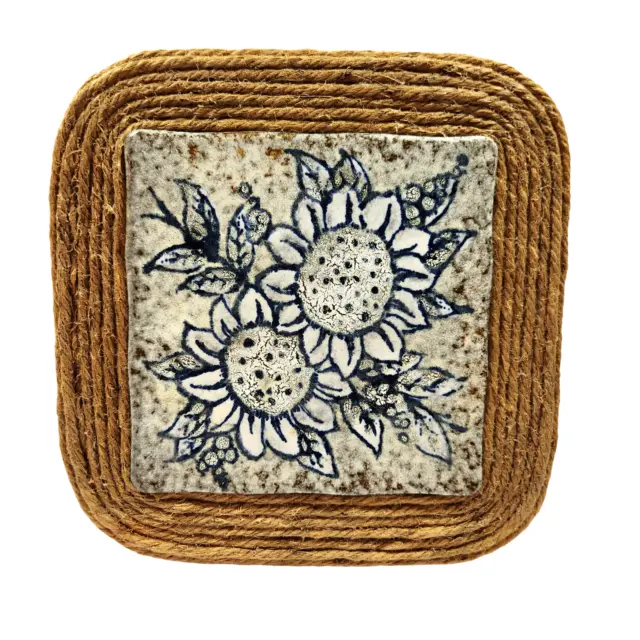 Vintage Cobalt Blue Sunflower Square Ceramic Tile and Jute Rope Trivet Hot Pad