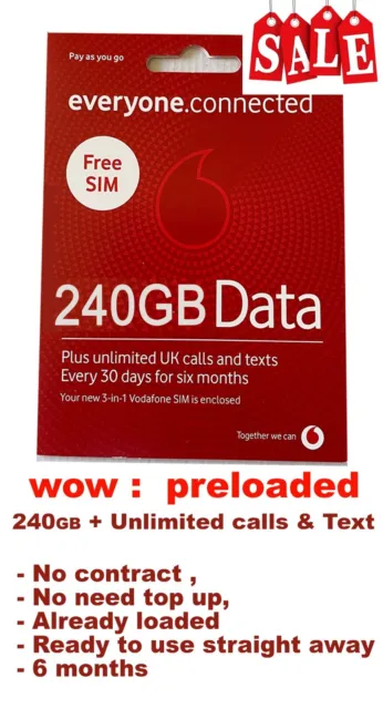 2 x 240GB Data sim card, vodafone, preloaded, Unlimited Calls&Text, use 6 months