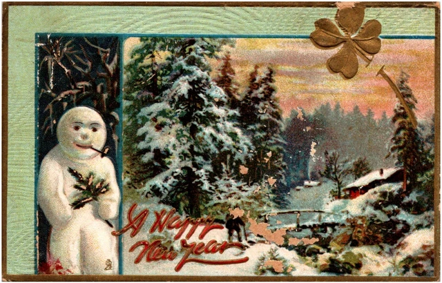 A Happy New Year Snowman w/ Pipe & Four Leaf Clover 1908 Raphael Tuck Postcard