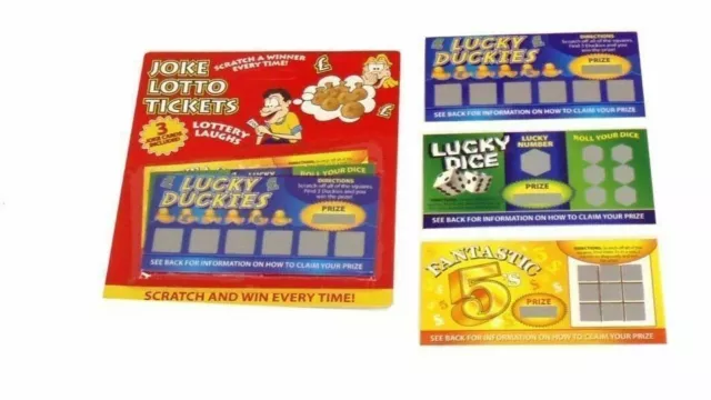 Pack of 6 Fake Joke Lottery Lotto Ticket Scratch Cards. Lottery Laughs