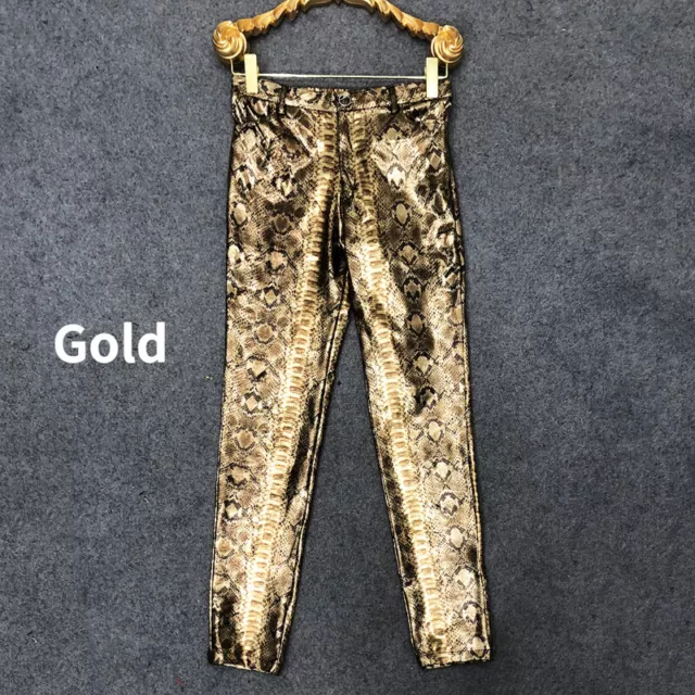 Men Power Stretch Pants Trouser Shiny Snakeskin Leopard Print Party Clubwear