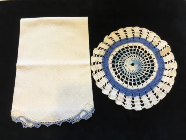 Lot of 2 Vintage Blue White Crochet Hand Towel and Round Doily  K77)