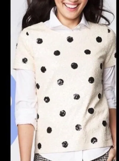 J Crew Women’s Ivory Black Polka Dot Sequin Short Sleeve Blouse Medium NWOT