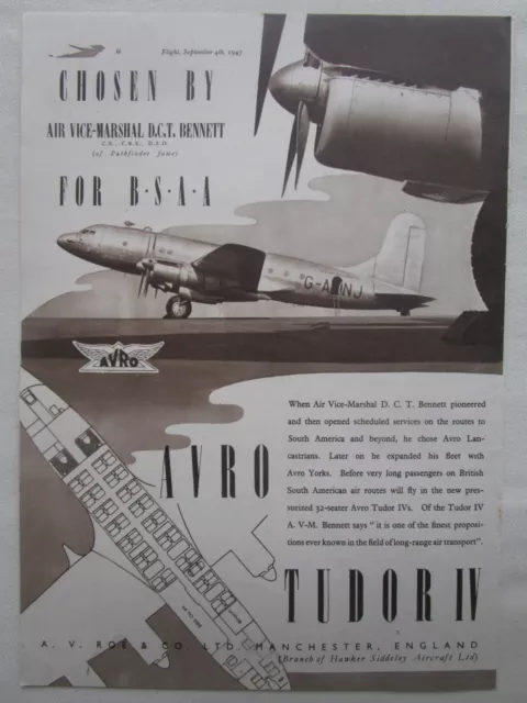 9/1947 Pub Avro Tudor Iv Airliner Bsaa British South American Airways Vampire Ad