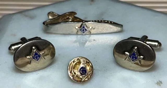 Freemason Masonic Tie Clip, Cufflinks, Lapel Pin stamped Gold-Filled Vintage 4pc