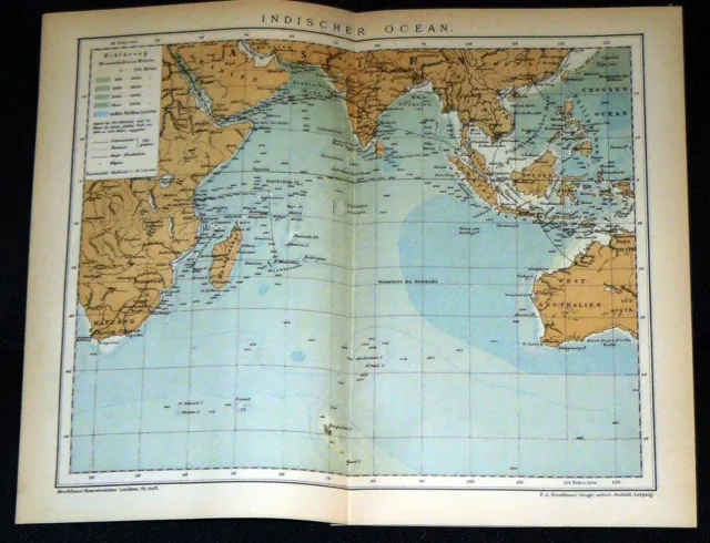 INDISCHER OZEAN Landkarte Lithographie von 1894 – 130 Jahre ORIGINAL  Aus: Brock