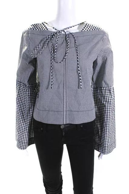 Derek Lam 10 Crosby Womens Checkered Bell Sleeve Blouse Top Black & White Size 6