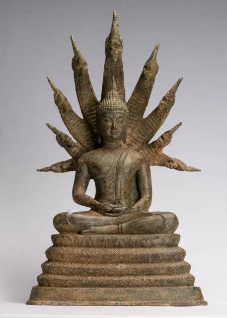 Antique Thai Style Seated Bronze Naga Meditation Buddha - 51cm/20"