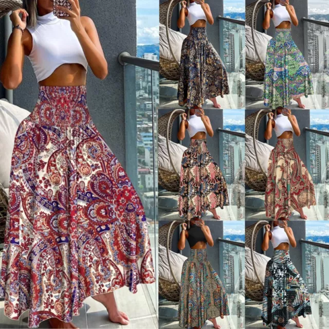 Womens Boho Floral Long Maxi Skirt Ladies High Waist Beach Swing Long Dress