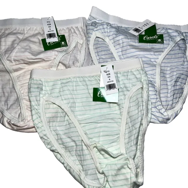NOS Vtg Lot 3 Panties Brief 80s Hi Cut French Cotton Green Pink Blue Stripes 6 M