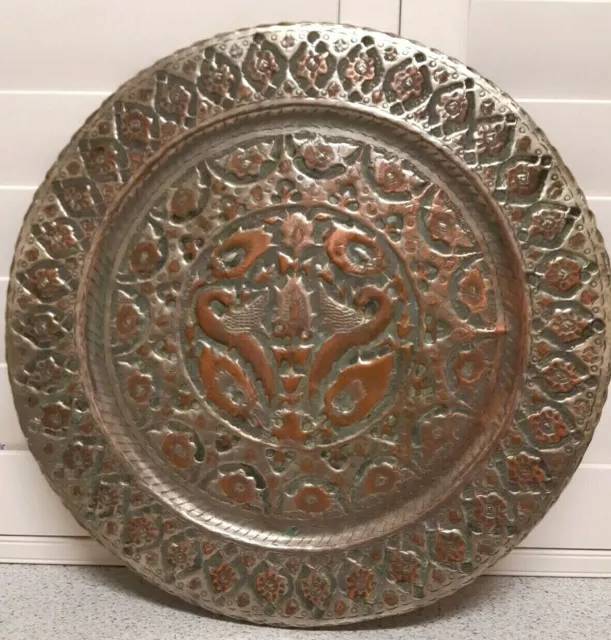 Large Old Hand Beaten Copper/Silver/ Brass Plate Middle East Very Fine Design 2