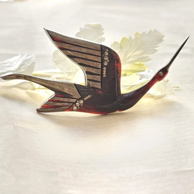 Broche Vintage Art Déco - Argent 925 - Forme Feuille Avec Marcassites - 45x45mm
